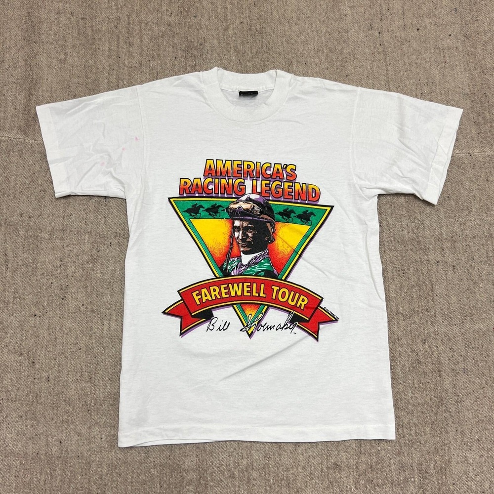 Vintage Bill Shoemaker Shirt Mens Medium White 1990s Horse Racing Farewell Tour